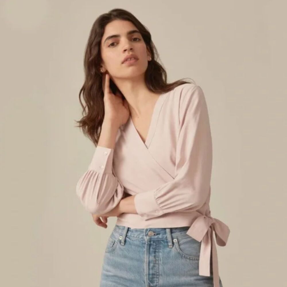 Everlane The Washable Silk Wrap Log Sleeve V Neck CropTop Blouse Blush Pink 10